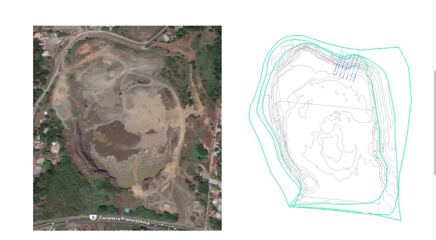 Vista aérea y planta topográfica del sitio de la cantera, cerca de la Carretera Transístmica